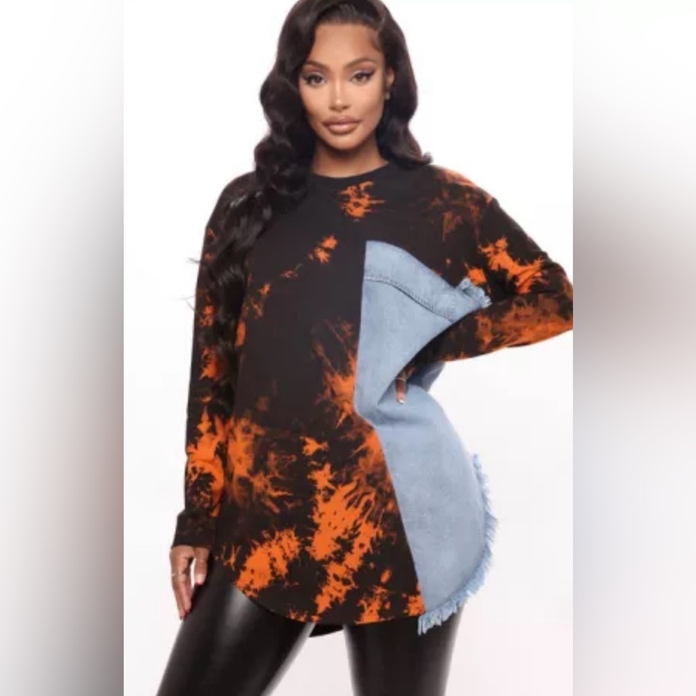 Fashion Nova Black and Orange Tie-Dye Denim Patch Top